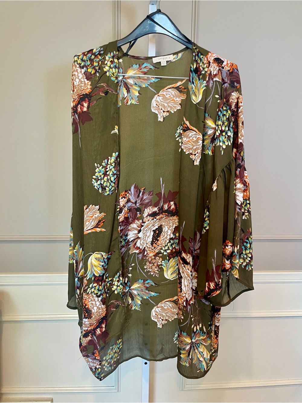 Umgee + XL / XXL Lightweight Sheer Cardigan Duster Open Front Olive Green Floral